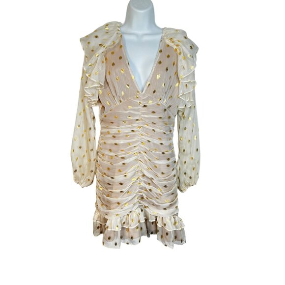 ELLIATT Marta Dress Sheer Ruched Mini Dots Ivory Metallic Gold Cocktail Small - Picture 5 of 14